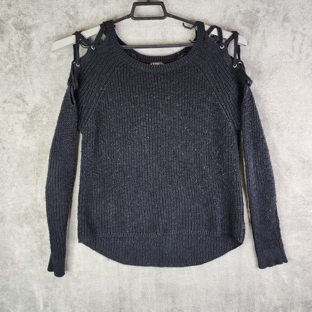 Womens Black Express knit Sweater Long Sleeve Cold Shoulder Straps Size S